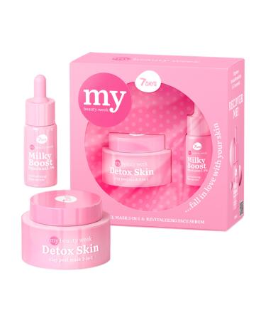 7Days Skincare Set with Clay Face Mask and Face Serum with Squalane - Korean Skincare Gift Set for Women and Teenagers - Preppy Skincare Pamper Set FALL IN LOVE WITH YOUR SKIN