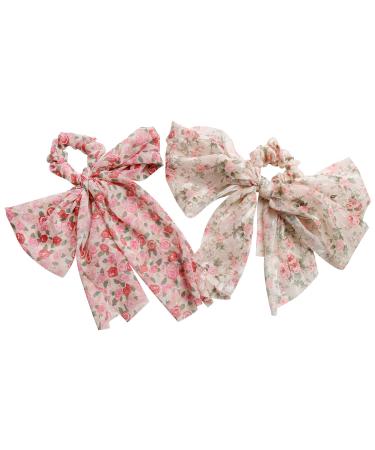 2PCS Floral Hair Scarf with Ribbon Bow for Woman Girls Hair Scarf with Bow Scarf Scrunchies Silk Long Tails Scrunchy Elastics Ponytail Holder