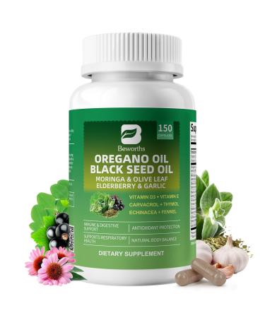 Oil of Oregano with Black Seed Oil - Oregano Oil Capsules Organic | Moringa Elderberry Echinacea Garlic Fennel - Carvacrol & Thymoquinone for Immune Gut Antioxidant Respiratory Support - 150 Ct 150 Count (Pack of 1)