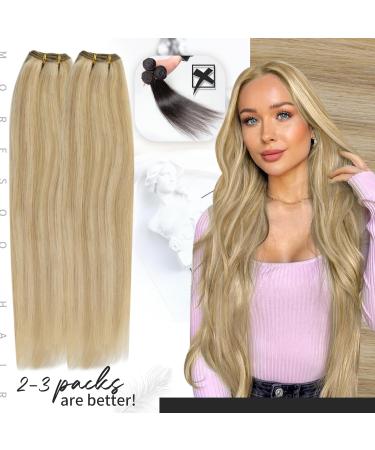 Moresoo Blonde Human Hair Weft 16 Inch Double Weft Sew in Hair Extensions - Real Hair Caramel Blonde with Platinum Blonde - 18 Inch 100g/Pack #14/613 - Buy Online on GoSupps.com