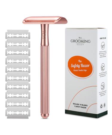 Single Blade Razor with 10 Double Edge Safety Razor Blades Refill Metal Razor for Men Women Zero Waste Reusable Eco-Friendly Razor for Close Smooth Shave - Rose Gold