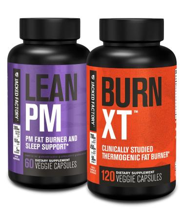 Jacked Factory Lean PM Night Time Fat Burner Sleep Aid Supplement & Appetite Suppressant (60 Capsules) & Burn-XT Clinically Studied Fat Burner & Weight Loss Supplement (120 Capsules)