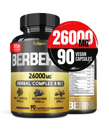 8 in 1 Premium Berberine Supplement - 26000mg per Serving Equivalent (Extract 30:1) Berberine Hcl 9000mg Ceylon Cinnamon 2000mg Milk Thistle 7500mg Turmeric Curcumin 1500mg and More - 45 Days Supply