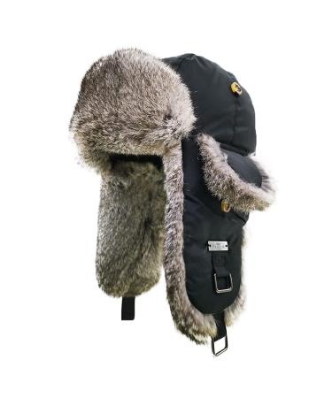 Fur Winter Trapper Hat,100% Rabbit Fur Aviator Ski Trapper Trooper Pilot Hat,Snow Eskimo Hat with Ear Flaps for Men & Women Grey Medium-Large