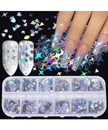 Holographic Nail Art Glitter Sequins Nail Art Supplies Flakes 12 Grids Laser Silver Nail Decals 3D Butterfly Nail Glitters Star Heart Unicorn Nail Art Sticker Confetti for Acrylic Nails Decorations