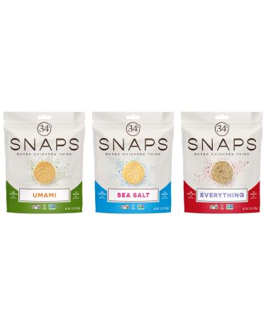 34 Degrees Crisps | Snaps Variety Pack - 1 Sea Salt 1 Everything 1 Umami | Thin Light Crunchy & Gluten Free Healthy Chickpea Snack 3 Pack (3.2oz each) Variety 1 Count (Pack of 3)