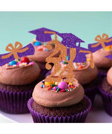Graduation Cupcake Toppers Grad Party Decoration Food Picks Congrats Glitter Diploma Cap School Colors Supplies 24 PCS Purple Orange - Buy Online on GoSupps.com