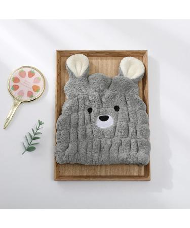 Microfiber Hair Towel for Girls - Cute Bear Design Quick Drying Hair Cap Soft Absorbent Turban (Gray & White) - 2 Pack - Buy Online on GoSupps.com