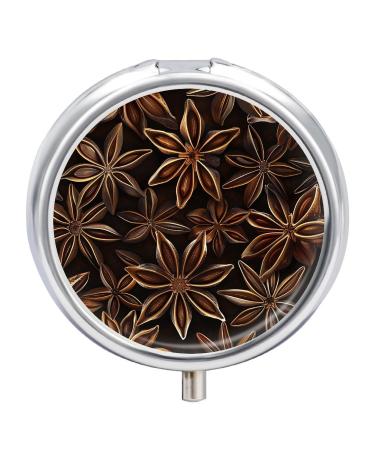 Pill Box Pill Case 3 Compartment Travel Pill Box Star Anise Pattern Printing Small Pill Box Portable Medicine Pill Case Pill Organizer for Purse & Pocket for Travel Handbag (Round)