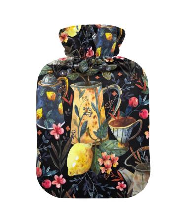 Heat bottle with cover 1 l of durable warm-up bag for hand feet shoulder and neck pain cramps heating press and heat therapy patterns of teapots lemons with flowers
