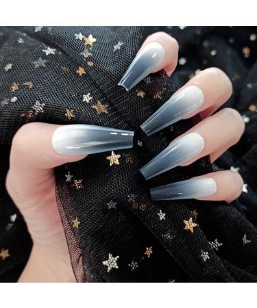 Sethexy shiny ballerina false nail long coffin gradient false fingernail 24st acrylic press on art nail tips for women and girls (shiny black)