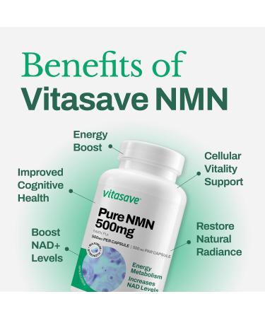 Vitasave NMN Capsules 500mg - Highest Potency Available - Premium Supplement - Cellular Health - Boost NAD+ Supports Longevity - 100% Pure - Fast Absorption - 60ct (500mg (pack of 2x30)) 30 count (Pack of 2) - Buy Online on GoSupps.com