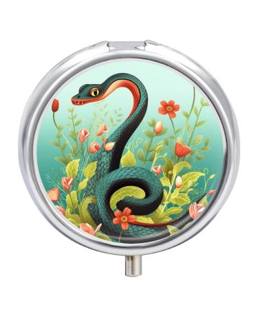 Pill Box Pill Case 3 Compartment Travel Pill Box Snake and Flower Printing Small Pill Box Portable Medicine Pill Case Pill Organizer for Purse & Pocket for Travel Handbag (Round)