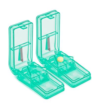 2PCS Pill Cutter - Design in The USA - Pill Cutters for Small or Large Pills - Safety Shield Multiple Pill Splitter - Doubles as a Pill Case - Travel Size (Lake Blue)