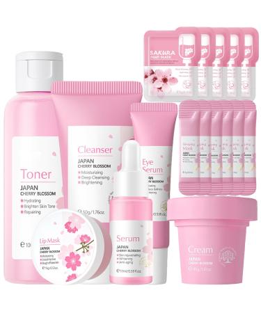 Sakura Face Care Set for Women 17Pcs Moisturizing Skin Care Set Include Sakura Cream Cleanser Serum Toner Eye Cream Lip Mask Mud Mask Sleeping Mask Skin Care Routine for Daily Beauty Care