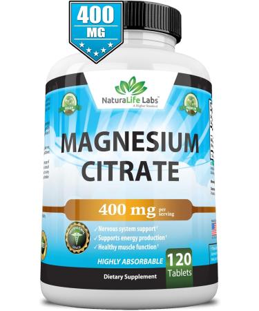 Magnesium Citrate 400 mg - High Potency Elemental Magnesium Essential Mineral for Heart  Muscle  & Digestion Support   Non-GMO - 120 Tablets