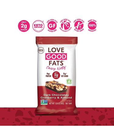 Love Good Fats Plant-Based Keto Bars - Chewy Nutty Dark Chocolatey Cranberry & Almond - 12ct Keto-Friendly Protein Bars | Natural Ingredients, Low Sugar, Low Carb, Non GMO, Gluten & Soy Free Snacks - Buy Online on GoSupps.com