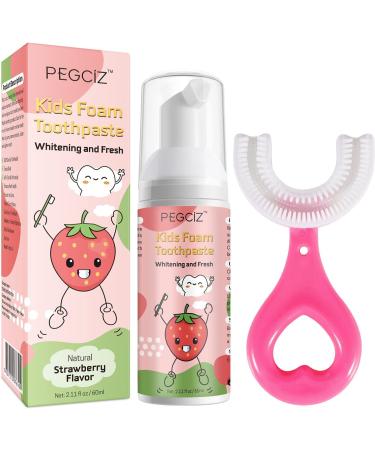 Foam Toothpaste Kids with Low Fluoride & U-Shaped Toothbrush Combo Pack Manual Toothbrush with Food Grade Soft Silicone Head 360 Oral Teeth Clean Design Ages 2-6 Strawberry Flavor Strawberry Flavor +U SHAPED TOOTHBRUSH ...