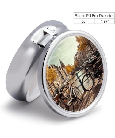 Round Pill Box with Amsterdam Bicycle Print | 3 Compartment Decorative Metal Pill Organizer | Portable Pocket Pill Case - Buy Online on GoSupps.com