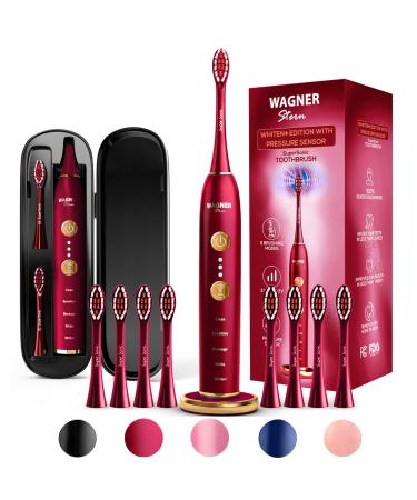 Wagner & Stern WHITEN+ Edition. Smart Electric Toothbrush with Pressure Sensor. 5 Brushing Modes and 3 Intensity Levels, 8 Dupont Bristles, Premium Travel Case. Ruby Red