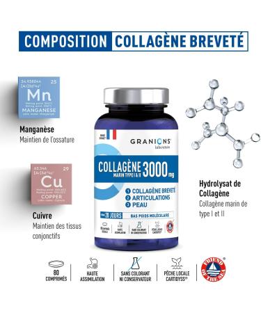 COLLAGENE MARIN 3000 MG GRANIONS - Collagene Marin Type 1 et 2 - Collagene Marin + Cuivre + Manganese - Peptide de Collagene - Peau Beaut - repousse cheveux - 80 comprim s - Buy Online on GoSupps.com