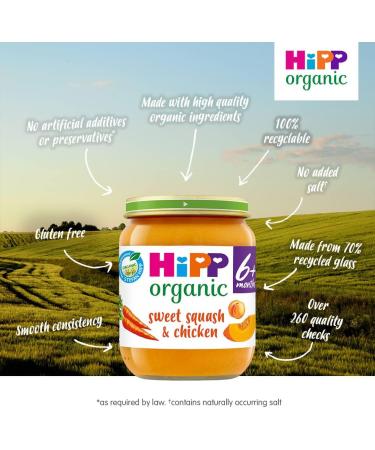HiPP Organic Stage 1 From 4 Months Sweet Squash and Chicken 6 x 125 g (Pack of 2 Total 12 Pots) - Buy Online on GoSupps.com