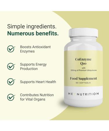 Hey Nutrition CoEnzyme Q10 Supplement - 100mg Premium Ubiquinone - Antioxidant Boost - Vital Organ Nutrition - Non-GMO - UK Made - 60 Softgels - Buy Online on GoSupps.com