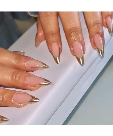 Buy SINHOT Stiletto Press on Nails - Long Almond Gold Glitter Acrylic Glossy French Tip - 24 pcs FN0180002a | International Shipping Available - Buy Online on GoSupps.com