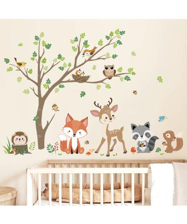 decalmile Woodland Animals Tree Wall Stickers Fox Deer Owl Wall Decals Baby Nursery Kids Bedroom Living Room Wall Decor