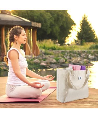 YiSeyruo Yoga Mat Tote Bag | Canvas Workout Bag with Mat Carrier Pocket - Large Gym Bag for Pilates & Travel | Beige White Yoga Bag for Women - Buy Online on GoSupps.com