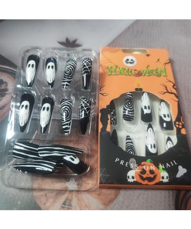 Ghost Face Press On Nails - 24Pcs Glossy White Spider Web Stiletto Halloween Nails | Full Cover Gel Glue-On Acrylics for Women & Girls - Buy Online on GoSupps.com
