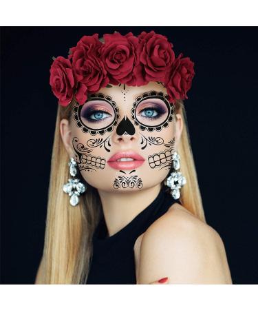 Day of the Dead Sugar Skull Face Tattoo Kit with Rose Red Flower Crown Headband - Buy Online on GoSupps.com