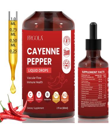 Frcola Cayenne Pepper Liquid Drops Vascular Flow Support Supplement with Turmeric Ginger Vitamin D3 K2 Non-GMO Vegan Formula 2 Fl Oz