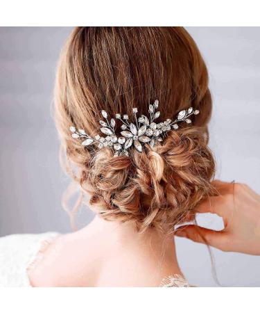 Barode Bridal Wedding Hair Comb Silver Rhinestone Flower Bride Headpieces Leaves Hair Accessories Jewelry for Women and Girls