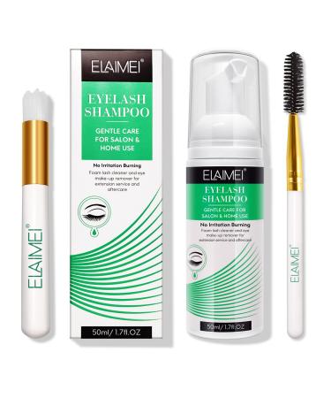Eyelash Extension Shampoo 50ml + Brush and Mascara Wand Foaming Eyelid Cleanser, Eyelash Extension Cleanser Foam, Eyelash Wash and Eyelash Bath for Extensions (Green)