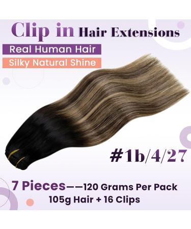 LAAVOO Remy Clip In Hair Extensions - Balayage Brown Ombre Real Human Hair 35cm 7pcs 105g - #1B/4/27 - Perfect for Stunning Volume! - Buy Online on GoSupps.com