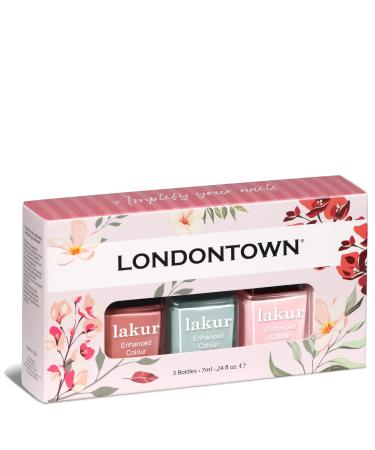 LONDONTOWN A Brit of Blooms Mini Manicure Nail Color Set - lakur Enhanced Nail Polish Vegan Cruelty-Free Gluten-Free - Rose-Tinted Glasses  Out of Office Pastel Pink  Mint No Chip Light Green  7ml