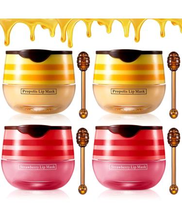 Qifylmaf Honey & Strawberry Lip Balm Lip Mask Hydrate Repair Prevent Dry Cracked Lip Effective Reduces Lip Lines Vitamin E Moisturizing Propolis Sleeping Lip Care (4 Set Honey & Strawberry)