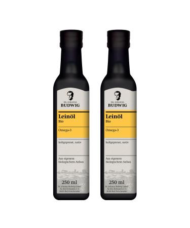 Dr.Budwig linseed oil Bio cold -pressed (2x 250ml) - Omega 3 high -dose from flaxseed organic unfiltered from 100% sustainable cultivation - flaxseed oil Omega 3 vegan liquid omega 3 oil omega 3 for children 250 ml (2 pack)