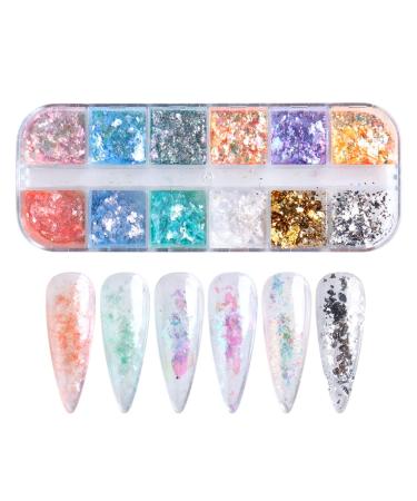 Opal Nail Flakes 1 Box 12 Grids Aurora Shiny Thin Nail Glitter Powder Chameleon Glitter Chrome Nail Powder Manicure Accessories for Resin Face Body Decor DIY Craft(12 Grids Opal Powder)