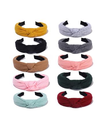Headbands for Women and Girls Elastic Turban Plain Colored Knotted Design Hair Band 10 Pack Set Fashion Headbands