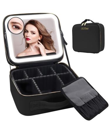 RRtide Travel Makeup Bag with Mirror of LED Lighted Makeup Train Case with Adjustable Dividers Makeup Case with Mirror and Detachable 10x Magnifying Mirror Black
