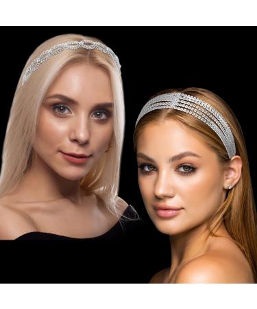 2 Pcs Rhinestones Headband Crystal Head Chain Elastic Headband Adjustable Rhinestone Bridal Headpieces Silver Headband Stretch Bridal Head Jewelry Hair Bands Accessories for Women Wedding Pageant - Buy Online on GoSupps.com