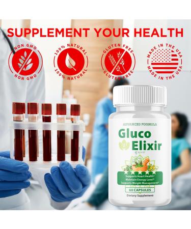 Gluco Elixir Capsules Official GlucoElixir Blood Health Support Pills with All Natural Ingredients Advanced Formula Supplement Pills with Maximum Strength Vitamins for Women & Men (60 Capsules) - Buy Online on GoSupps.com
