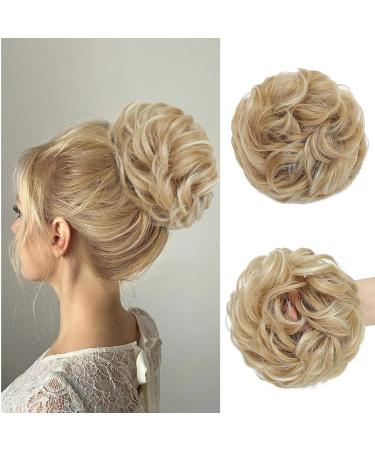 Hair part with rubber band Messy Bun Hair parts hair extension large bun hair part hair tie lured with hair synthetic hair extensions ponytail hair (22h613#(pale gold blonde & blonde bleach)))