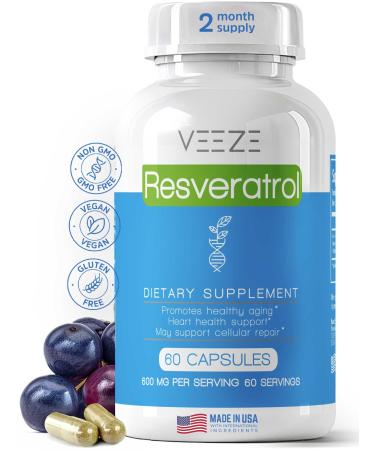VEEZE Resveratrol Supplement 600mg 60 Capsules & 60 Servings - Made in USA Natural & Organic Resveratrol - Rich in Antioxidants & Trans Resveratrol for Well-Being Support - Premium Organic Resveratrol Resveratrol 60 Count (