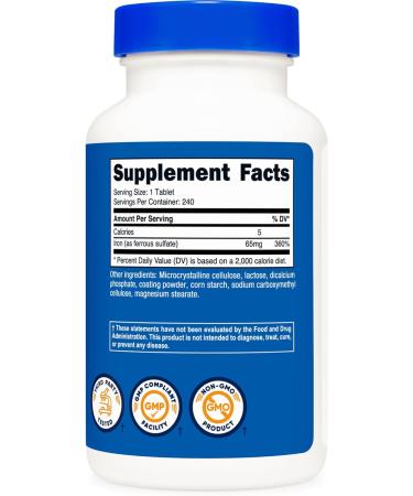 Nutricost Iron 65mg 240 Tablets - Non-GMO Gluten Free | Ferrous Sulfate Supplement - Buy Online on GoSupps.com
