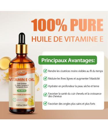 Huile de Vitamine E - 100% Pure et Naturelle Vitamine E Huile 70 000 UI pour la Peau le Visage les Cheveux les Ongles et les Cicatrices Hydratation Profonde et Raffermissement de la Peau - Buy Online on GoSupps.com