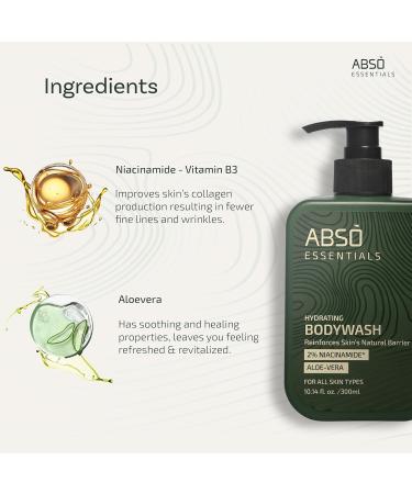 ABSO_ESSENTIALS 2% Niacinamide Hydrating Bodywash With Aloe Vera for Daily Gentle Cleansing Enriched Moisturizing and Reinforcing Skin Barrier| SLS & Paraben Free Dermatologically Tested (300 ML) - Buy Online on GoSupps.com