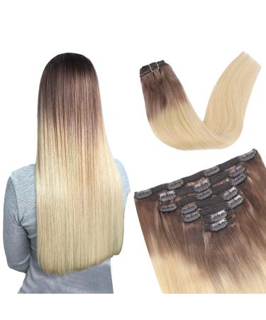 Vlasy Clip in Hair Extensions Human Hair Seamless Hair Extensions Clip in Real Human Hair 7 Pieces Straight Natural Thick Weft Human Hair Clip in Extensions for Women T14/60+T14/60# 24 Inch(100 g) 24 Inch (100 g) T14/60+T14/60#